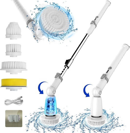 Electric Spin Scrubber, 2024 Upgraded Bathroom Cleaner, Power Shower Cleaning Brush with Extendable Handle & 4 Brush Heads, Dual Speed & USB-C Charging, Shower Scrubber for Bathtub, Tile, and Floor (Gray)