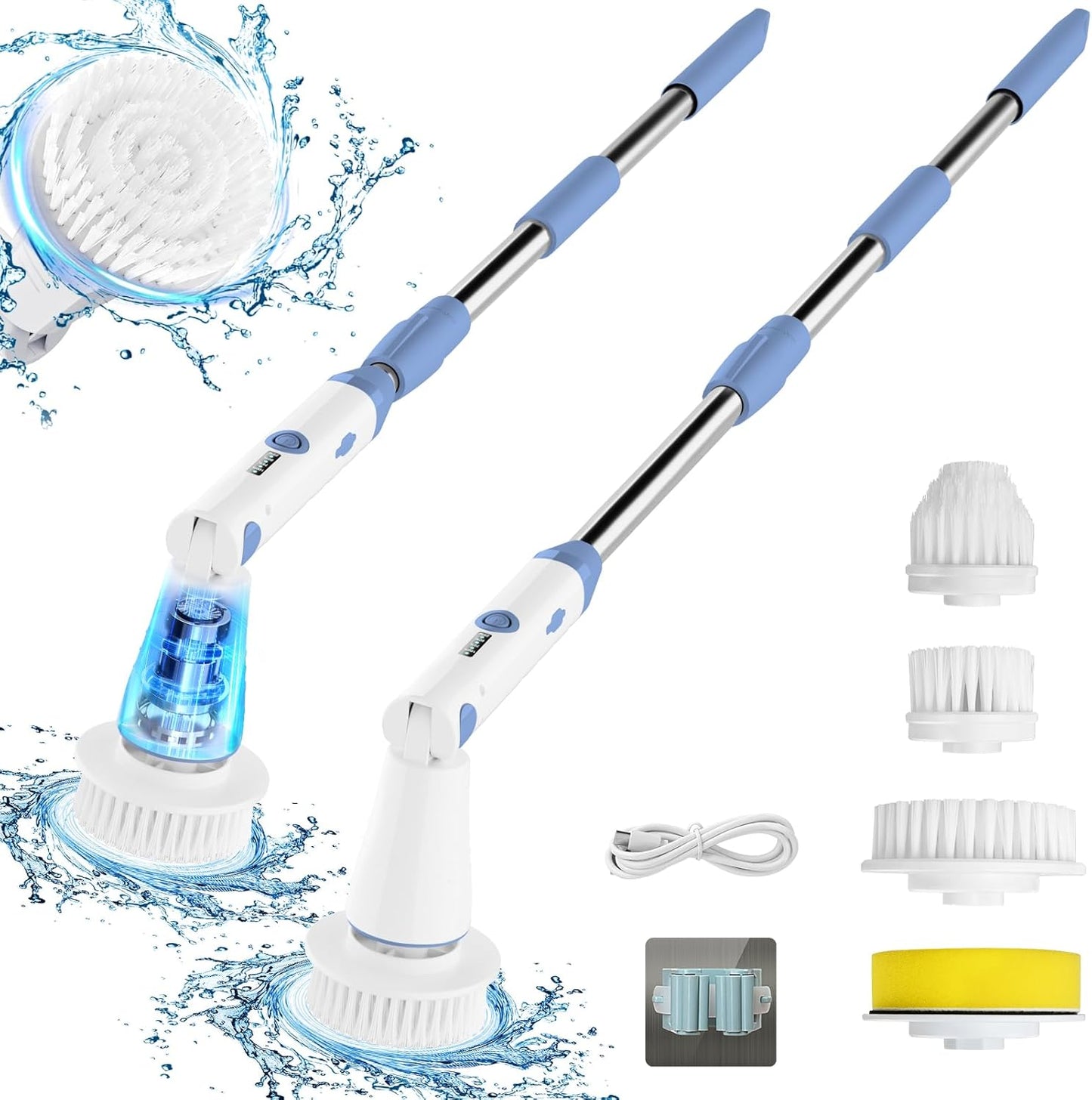 Electric Spin Scrubber, 2024 New Bathroom Cleaner, Power Shower Cleaning Brush with Extendable Handle & 4 Brush Heads, Shower Scrubber for Bathtub, Tile, and Floor (Light Blue)
