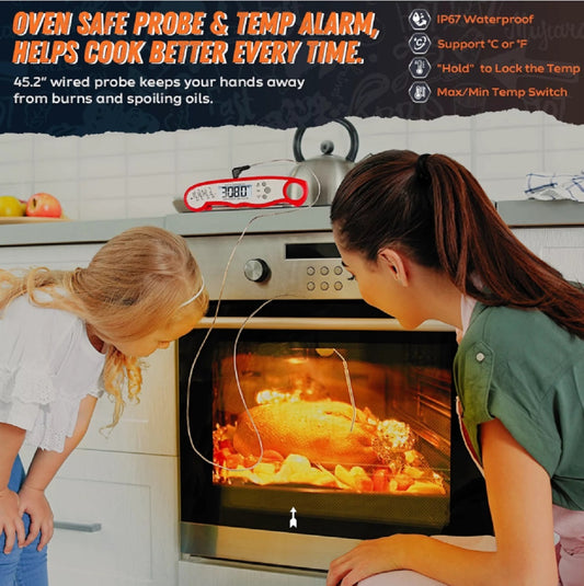 Meat Thermometer for Cooking, Saferell 2-in-1 Instant Read Food Thermometer with Foldable Probe & Oven Safe Wired Probe, Backlight, and Magnet for Deep Fry, BBQ, Grill and Roast Turkey