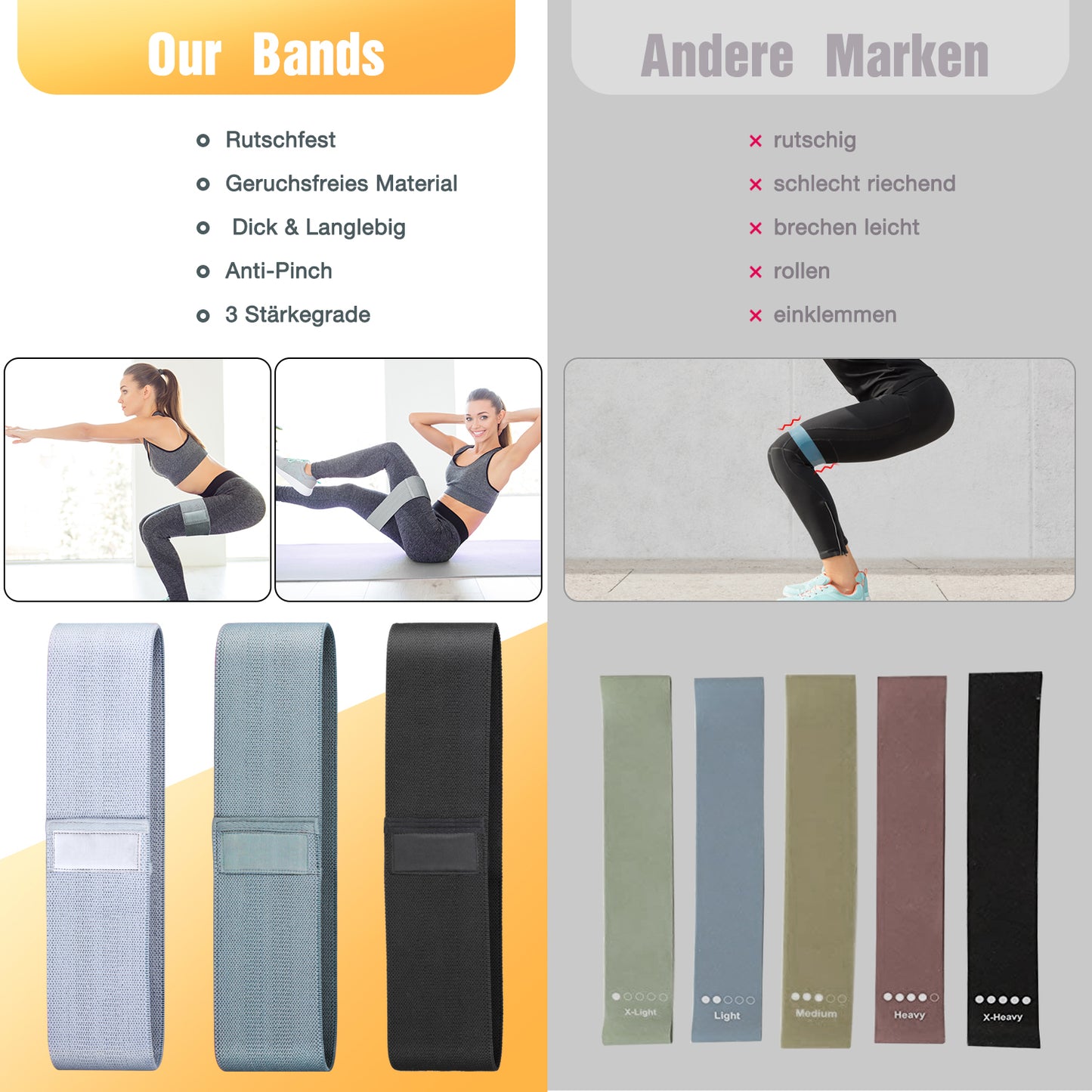 Exercise Workout Bands Resistance Bands with 3 Resistance Levels 3 Colors, Non-Slip Women Fitness Band for Squat Glute Hip Training