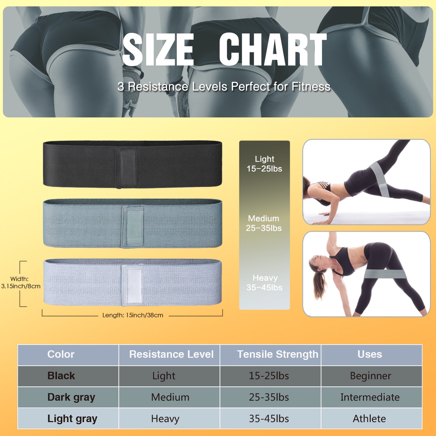 Exercise Workout Bands Resistance Bands with 3 Resistance Levels 3 Colors, Non-Slip Women Fitness Band for Squat Glute Hip Training