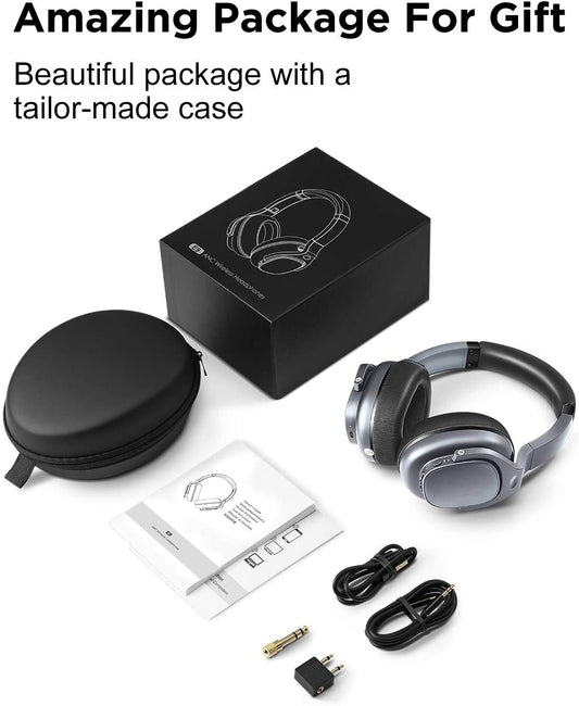 E9 Bluetooth Headphones Active Noise Cancelling Headphones Deep Bass Wireless Comfortable Memory Foam Ear Cups for Sports/TV/Work (Silver)