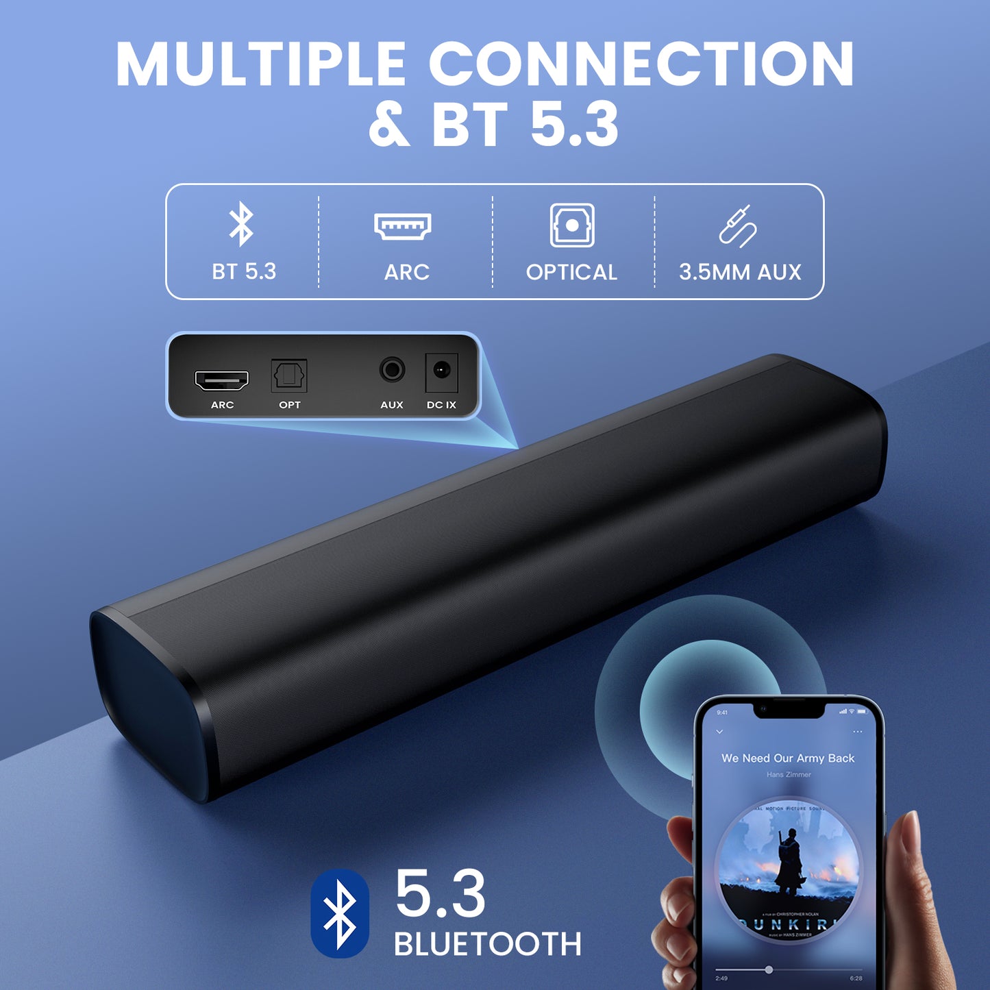 Soundbar for TV, 56W Peak Power Speakers with Bluetooth 5.3/ARC/Optical/AUX Inputs – Wall Mountable Home Theater Surround Sound System Small Sound Bar for PC/Gaming/Projectors with 3 EQ-Modes